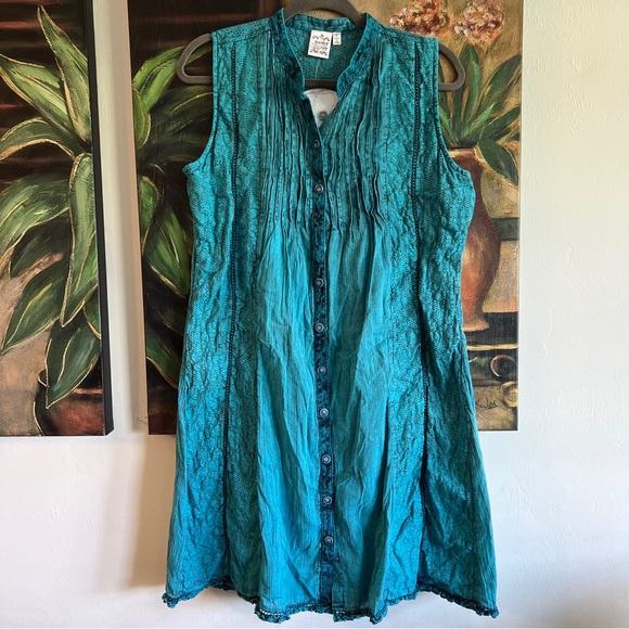Parsley & Sage Dresses Nwt Parsley Sage Boho Button Down Shirt Dress Crochet Pleated Teal